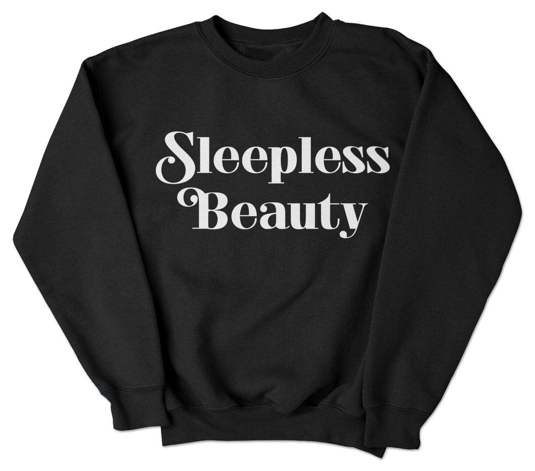 Oversized sweatshirt with Sleepless Beauty artwork screen printed across the front.